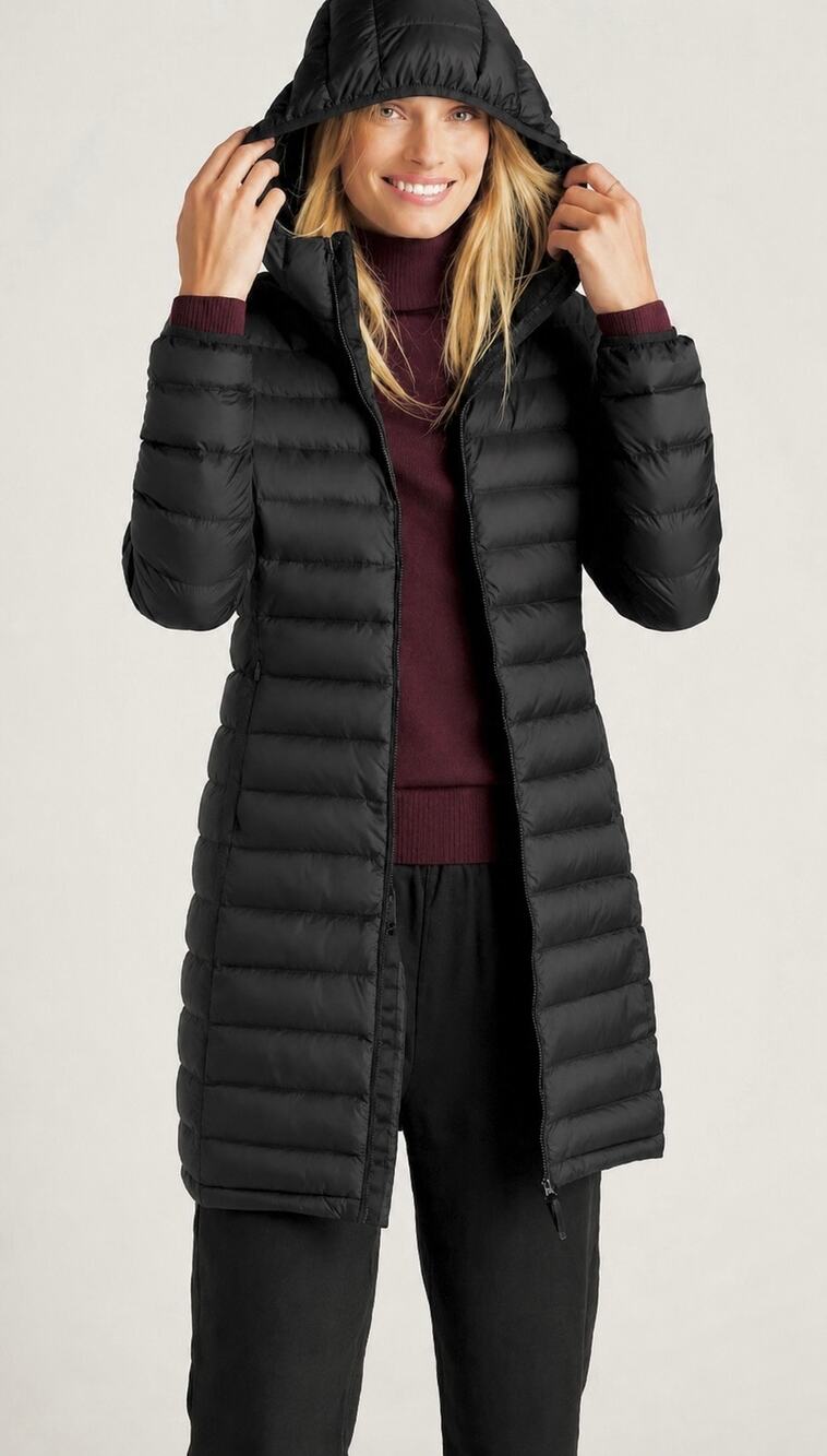 Quince Lightweight Down Packable Long Puffer Jacket Black Women’s Large Winter